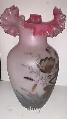 Victorian Hand Blown Frosted Satin Glass Vase Ruffled Rim GOLD Flowers CRANBERRY