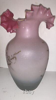 Victorian Hand Blown Frosted Satin Glass Vase Ruffled Rim GOLD Flowers CRANBERRY