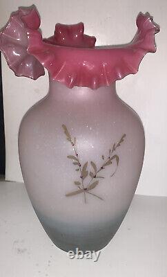 Victorian Hand Blown Frosted Satin Glass Vase Ruffled Rim GOLD Flowers CRANBERRY