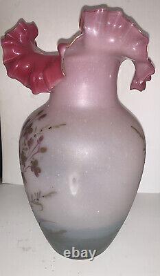 Victorian Hand Blown Frosted Satin Glass Vase Ruffled Rim GOLD Flowers CRANBERRY