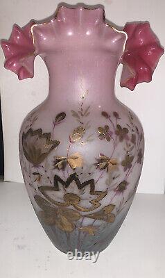 Victorian Hand Blown Frosted Satin Glass Vase Ruffled Rim GOLD Flowers CRANBERRY