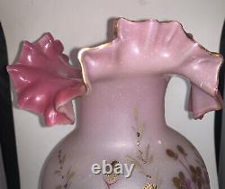 Victorian Hand Blown Frosted Satin Glass Vase Ruffled Rim GOLD Flowers CRANBERRY