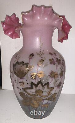 Victorian Hand Blown Frosted Satin Glass Vase Ruffled Rim GOLD Flowers CRANBERRY