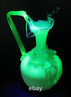 Victorian Hand Blown Opaline Uranium Glass Vase with applied Decorations