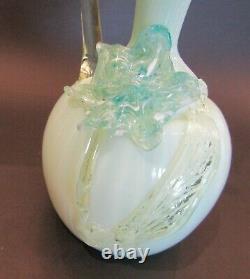 Victorian Hand Blown Opaline Uranium Glass Vase with applied Decorations