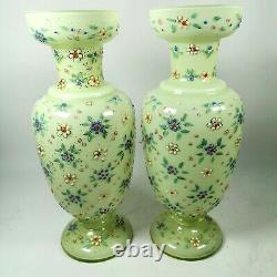 Victorian Hand Enameled Cased Glass Gold Trim Floral Green Yellow Pair Vases
