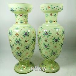 Victorian Hand Enameled Cased Glass Gold Trim Floral Green Yellow Pair Vases