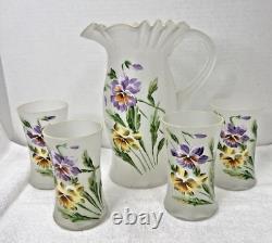 Victorian Hand Enameled Purple Yellow Pansy Blown Glass Pitcher w 4 Glasses