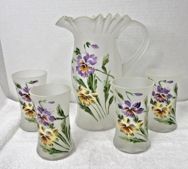 Victorian Hand Enameled Purple Yellow Pansy Blown Glass Pitcher W 4 Glasses