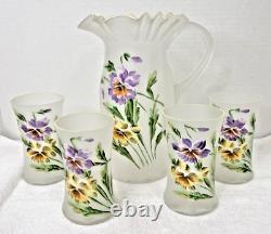 Victorian Hand Enameled Purple Yellow Pansy Blown Glass Pitcher w 4 Glasses