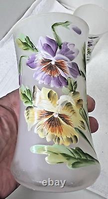 Victorian Hand Enameled Purple Yellow Pansy Blown Glass Pitcher w 4 Glasses