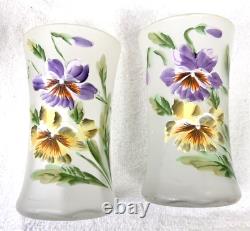 Victorian Hand Enameled Purple Yellow Pansy Blown Glass Pitcher w 4 Glasses