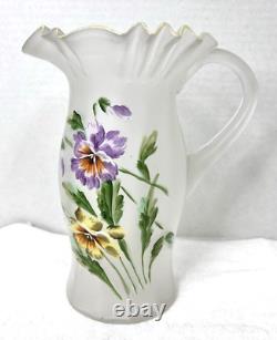 Victorian Hand Enameled Purple Yellow Pansy Blown Glass Pitcher w 4 Glasses