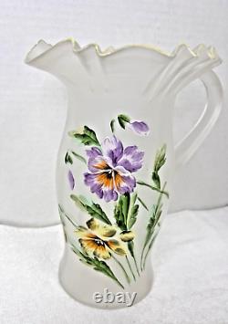 Victorian Hand Enameled Purple Yellow Pansy Blown Glass Pitcher w 4 Glasses