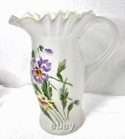 Victorian Hand Enameled Purple Yellow Pansy Blown Glass Pitcher w 4 Glasses