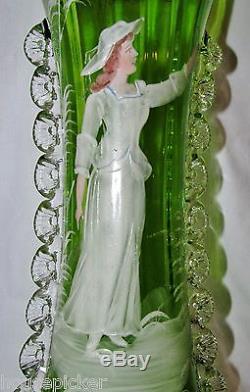 Victorian Hand Made Moser Detail Color Enamel Mary Gregory Green withRigoree Vase