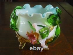 Victorian Harrach or Loetz Barock Art Glass Jardiniere Vase w Applied Orchid UV+ Victorian Harrach or Loetz Barock Art Glass Jardiniere Vase w Applied Orchid UV+