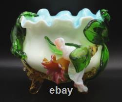 Victorian Harrach or Loetz Barock Art Glass Jardiniere Vase w Applied Orchid UV+ Victorian Harrach or Loetz Barock Art Glass Jardiniere Vase w Applied Orchid UV+
