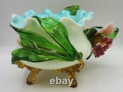 Victorian Harrach or Loetz Barock Art Glass Jardiniere Vase w Applied Orchid UV+ Victorian Harrach or Loetz Barock Art Glass Jardiniere Vase w Applied Orchid UV+