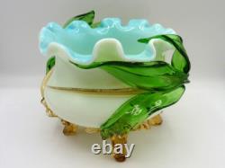Victorian Harrach or Loetz Barock Art Glass Jardiniere Vase w Applied Orchid UV+ Victorian Harrach or Loetz Barock Art Glass Jardiniere Vase w Applied Orchid UV+