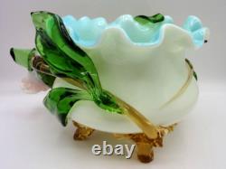 Victorian Harrach or Loetz Barock Art Glass Jardiniere Vase w Applied Orchid UV+ Victorian Harrach or Loetz Barock Art Glass Jardiniere Vase w Applied Orchid UV+