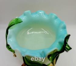 Victorian Harrach or Loetz Barock Art Glass Jardiniere Vase w Applied Orchid UV+ Victorian Harrach or Loetz Barock Art Glass Jardiniere Vase w Applied Orchid UV+