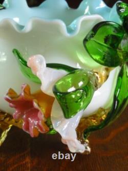 Victorian Harrach or Loetz Barock Art Glass Jardiniere Vase w Applied Orchid UV+ Victorian Harrach or Loetz Barock Art Glass Jardiniere Vase w Applied Orchid UV+