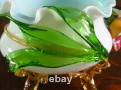 Victorian Harrach or Loetz Barock Art Glass Jardiniere Vase w Applied Orchid UV+ Victorian Harrach or Loetz Barock Art Glass Jardiniere Vase w Applied Orchid UV+