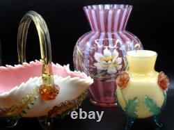 Victorian Harrach or Loetz Barock Art Glass Jardiniere Vase w Applied Orchid UV+ Victorian Harrach or Loetz Barock Art Glass Jardiniere Vase w Applied Orchid UV+