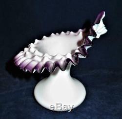 Victorian Jack In The Pulpit Vase Milk White Purple Crimped Rim Art Glass 7 1/4