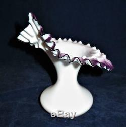 Victorian Jack In The Pulpit Vase Milk White Purple Crimped Rim Art Glass 7 1/4