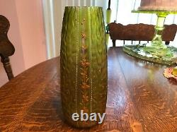 Victorian Kralik Harrach Loetz Irridescent Green Vase with Gold Enamel Flowers