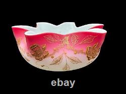 Victorian Large Art Glass Pink Satin Glass Brides Bowl Gold Gilt Floral