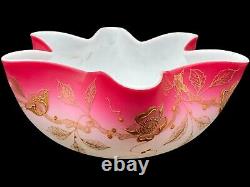 Victorian Large Art Glass Pink Satin Glass Brides Bowl Gold Gilt Floral