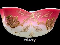 Victorian Large Art Glass Pink Satin Glass Brides Bowl Gold Gilt Floral