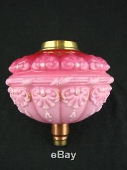 Victorian Large Moulded & Enamel Pink Glass Oil Lamp Font, Art Nouveau Design