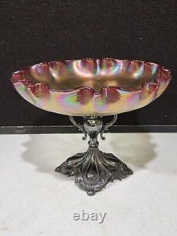 Victorian Loetz Style Art Glass Tazza Cranberry Bowl Homan Silver Plate Base