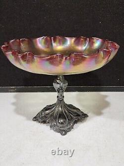 Victorian Loetz Style Art Glass Tazza Cranberry Bowl Homan Silver Plate Base