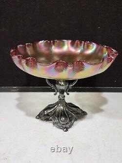 Victorian Loetz Style Art Glass Tazza Cranberry Bowl Homan Silver Plate Base