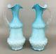 Victorian Mop Mother Of Pearl Blue Satin Glass Herringbone Thorn Handle Ewers