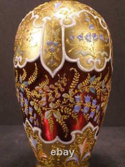 Victorian MOSER Cranberry Glass Vase Gold Gilt Overlay Persian Enamel Bottle 19c
