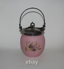 Victorian MT WASHINGTON Pink Satin Glass Hand Painted BISCUIT BARREL JAR