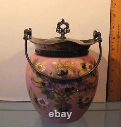 Victorian MT WASHINGTON Pink Satin Glass Hand Painted BISCUIT BARREL JAR