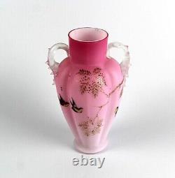 Victorian MT WASHINGTON Satin Pink Ribbed Cased HP Glass VASE Applied Handles