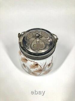 Victorian Meriden Silverplate & Painted Art Glass Cracker / Biscuit Jar