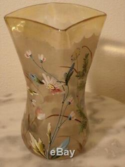 Victorian Midwest Pomona Floral Enameled Art Glass Celery Vase