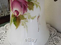 Victorian Milk Glass Hand Painted Floral Large Ewer Decanter & 6 Glasses Gari