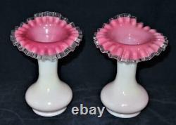 Victorian Milk White Pink Crimped Rim Art Glass Jack In The Pulpit 8 Vase, PAIR