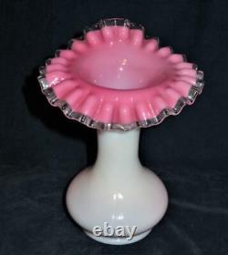 Victorian Milk White Pink Crimped Rim Art Glass Jack In The Pulpit 8 Vase, PAIR