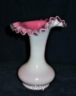 Victorian Milk White Pink Crimped Rim Art Glass Jack In The Pulpit 8 Vase, PAIR